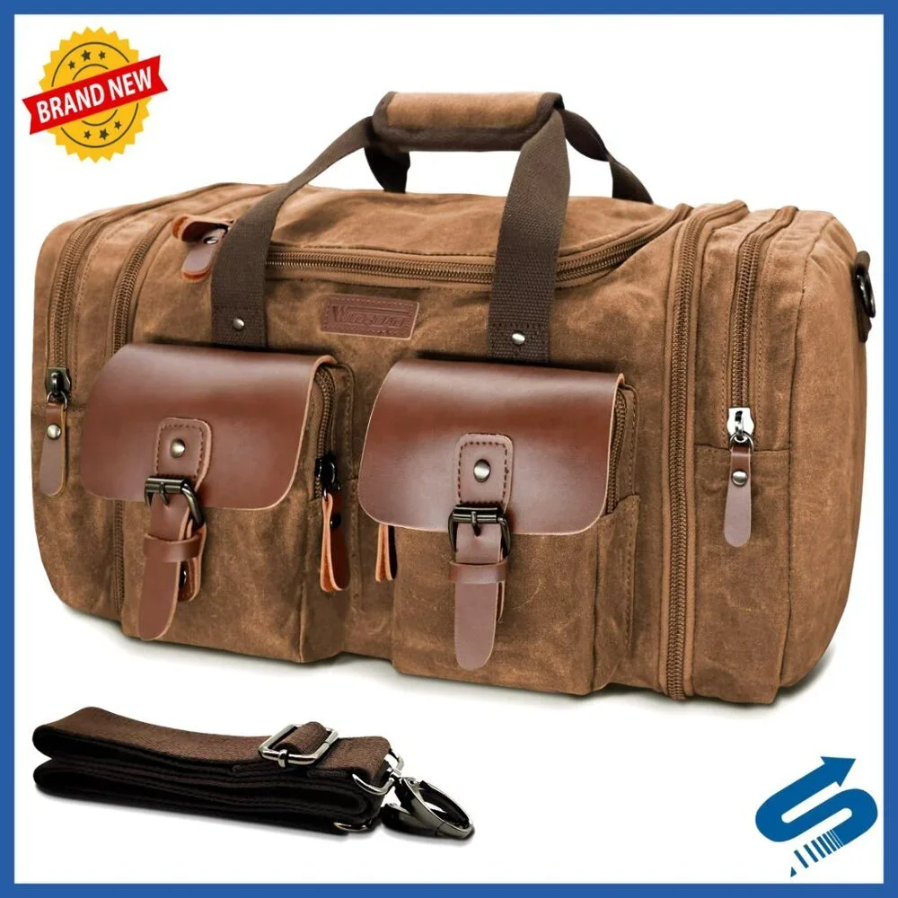 Vintage Waxed Canvas Leather Duffle Bag Waterproof Travel Weekender Carry On